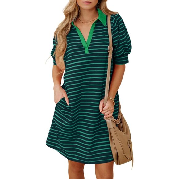 sachin and babi light blue dress Women's Cotton V Neck Striped Casual Midi Dress Short Sleeve Puff